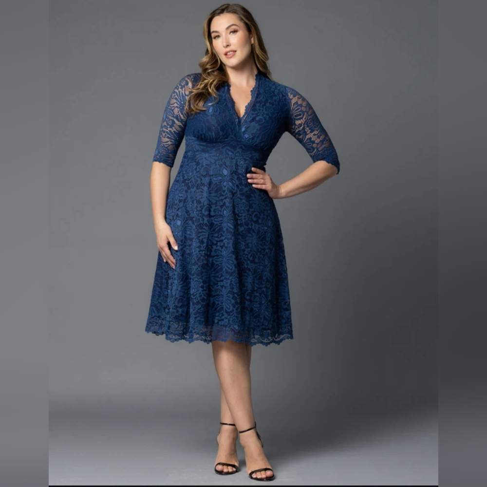 NWT NWOT Kiyonna Womens Mademoiselle Navy Lace 3/4 Sleeve Midi Dress M MEDIUM